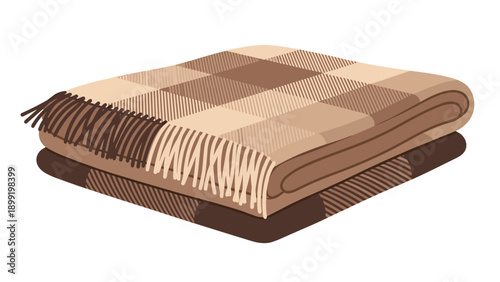 Folded checkered blanket in warm brown and beige tones for cozy home interior and autumn winter comfort illustration on white.