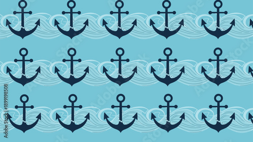 Nautical seamless pattern with navy blue anchors and stylized waves on light blue background for sea themed fabrics and wrapping.