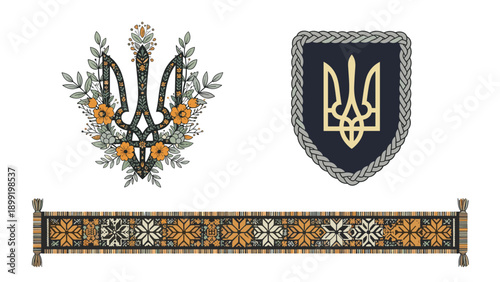 Ukrainian national symbols including trident emblem with flowers, military shield, and traditional ethnic embroidery pattern.