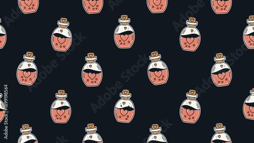 Magic potion bottles seamless pattern with pink liquid and heart symbols for fantasy games and romantic Valentine decorations.