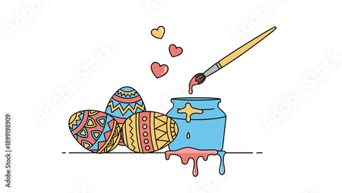 Creative process of decorating Easter eggs with colorful patterns using a paintbrush and blue ink pot with hearts.