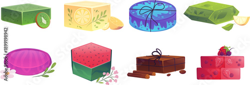 A set of handmade soap bars in various shapes and bright colors with ingredients.