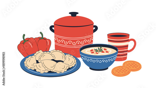 Traditional slavic meal set featuring varenyky dumplings borscht soup red bell peppers and a cup of tea on white.