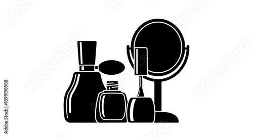 A stylish monochrome illustration of essential beauty and cosmetic products, including perfume, a small bottle, and a vanity mirror, perfect for personal care themes and grooming concepts