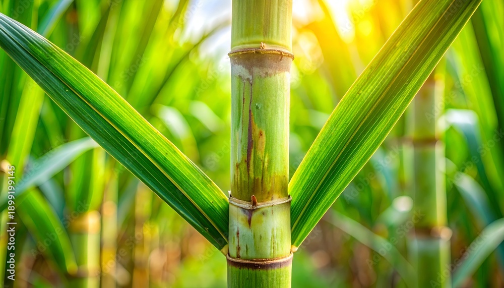 Obraz premium Close-up of vibrant sugarcane stalks surrounded by lush green leaves in a sunlit field