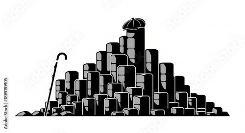 Abstract cityscape illustration with a walking stick and a hat atop a skyscraper, representing urban life and modern architecture