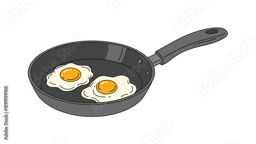 Two sunny side up fried eggs cooking in a black frying pan for breakfast and healthy nutrition themed designs.