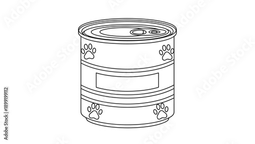 Line art illustration of a tin can of pet food with paw prints on the label for animal care and pet shop design.