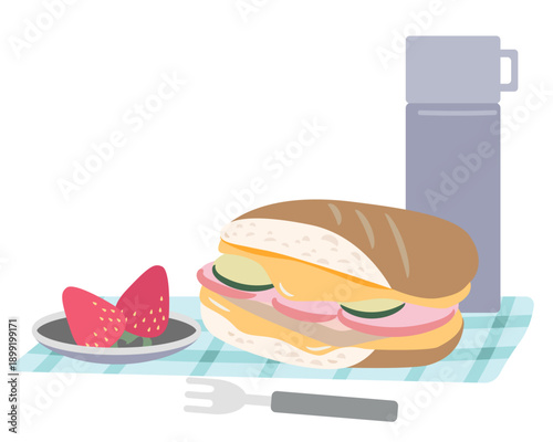 サンドイッチと苺と水筒のピクニックイラスト素材