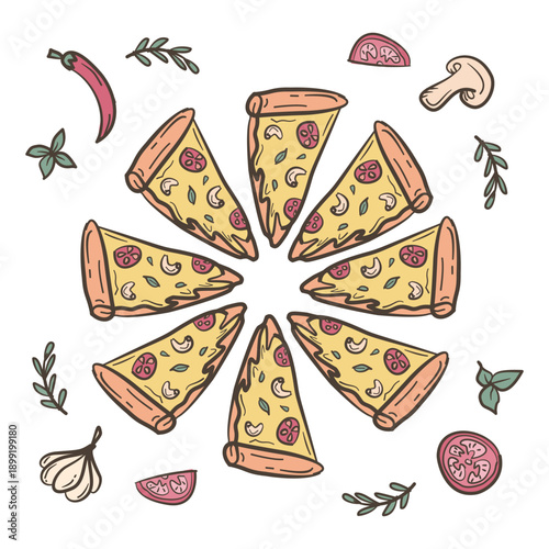 Pizza hand drawn illustration collection. Pizza slices doodle vector set. Pizza slices doodle background. Pizza and vegetables background elements. Cheese, chilli, garlic, pepper, mushroom, tomato. 