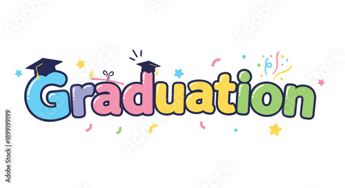 Colorful Graduation banner with confetti and graduation caps, vector illustration for celebration or announcement