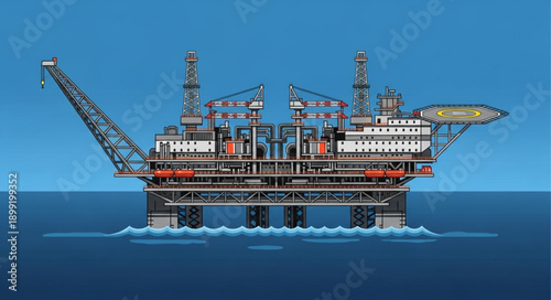 Offshore oil rig platform illustration in the ocean.