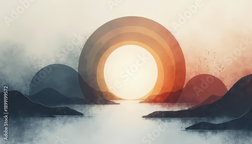 Abstract Sunrise Over Water With Pixelated Sun And Silhouetted Mountains