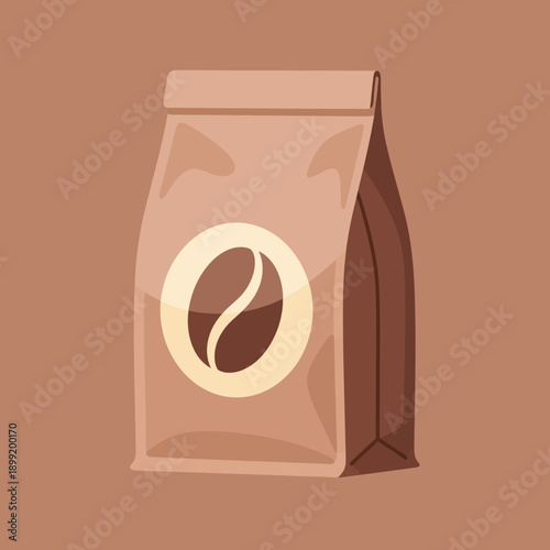 An illustration of a coffee bag standing on a brown background with a coffee bean logo