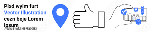 Navigation, online shopping, customer approval, digital marketing, e-commerce, mobile apps. Blue location pin, thumbs up phone showing shopping cart with products. Navigation and online shopping