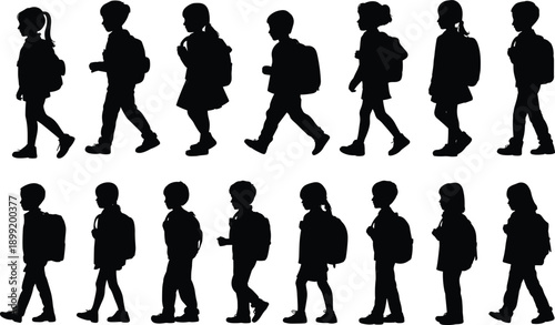 Back to school silhouettes of diverse primary elementary students with backpacks walking in a row isolated on white background for education