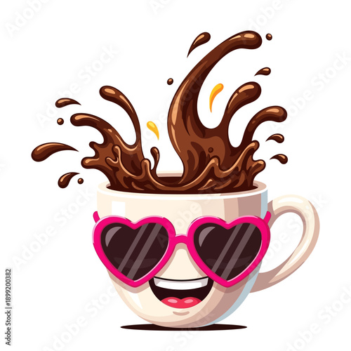 A cartoon coffee mug with a smiling face wearing heart-shaped sunglasses has chocolate splashing out of it dynamically.