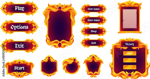 Vintage gold frames and buttons with labels for game user interfaces.