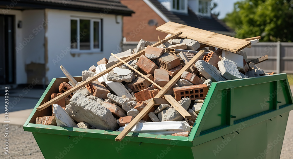 Obraz premium Green Construction Skip Bin Overflowing with Brick and Concrete Rubble on Residential Site