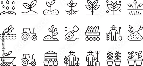 Collection of agricultural and gardening icons representing planting and growth
