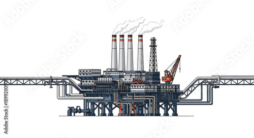 Offshore oil rig platform complex with pipelines and crane.
