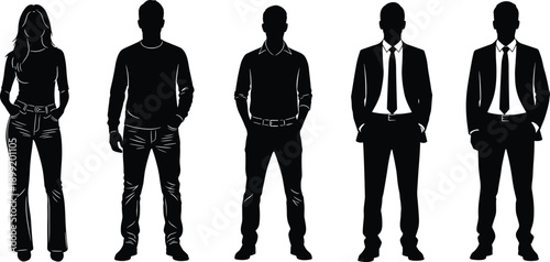 Black silhouette of professional business people standing in casual and formal suits for corporate team identity isolated on white background