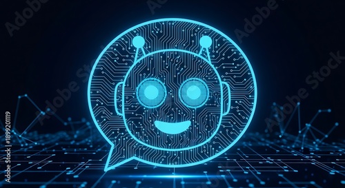 Artificial intelligence chatbot face with digital grid representing virtual assistant, AI communication and smart technology concept
