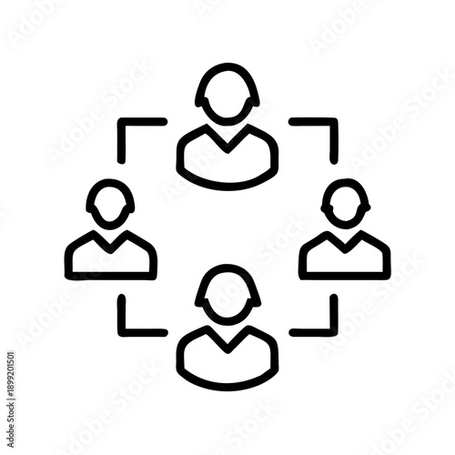 Four individuals connected in a circular network diagram with arrows Vector