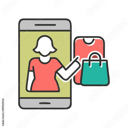 A smartphone screen displaying a virtual try-on for a red top and a green handbag. Vector