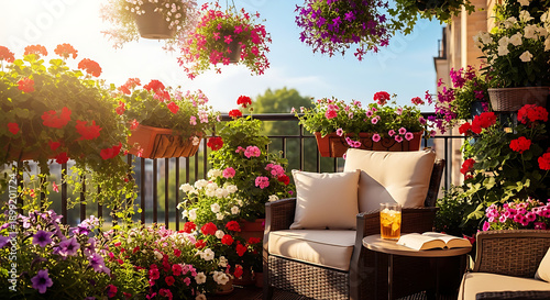 Wallpaper Mural Cozy Sunlit Apartment Balcony Garden with Vibrant Flowers and Outdoor Lounge Seating Torontodigital.ca