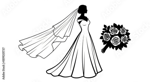 Illustration of a bride in a wedding dress holding flowers in a simple line art style