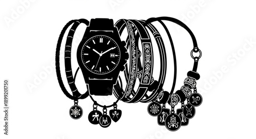 A collection of accessories including a watch and various bracelets arranged closely together