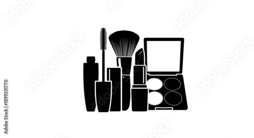 Collection of cosmetic products neatly arranged on a clean surface, showcasing various beauty tools and makeup essentials.