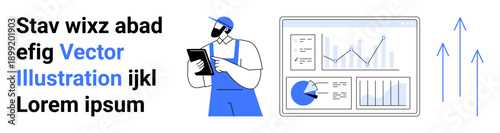 Businessperson analyzing data on a tablet, viewing a dashboard with graphs, pie charts, and growth arrows. Ideal for business growth, analytics, innovation, strategy, planning data-driven simple