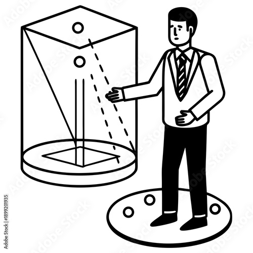 A man in a suit using a futuristic holographic device with floating orbs Vector