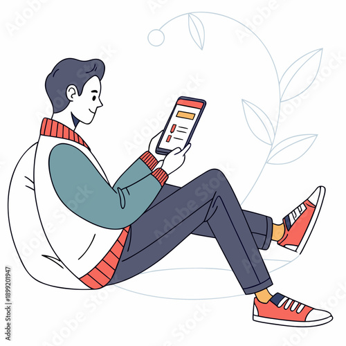 A person sitting on a bean bag chair, using a smartphone while wearing headphones. Vector