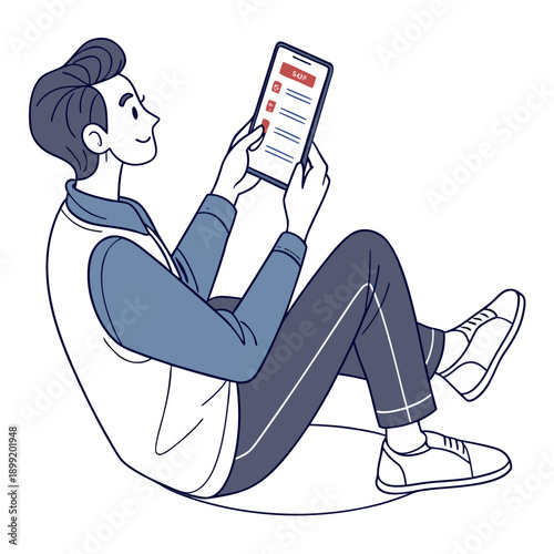 A person sitting on a chair while reading a book on a tablet device Vector