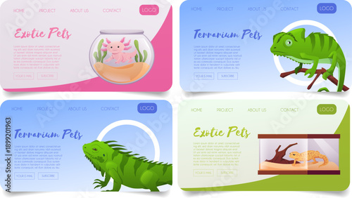 Terrarium pets landing page cartoon design vector set, exotic iguana pet, tropical reptile animal, Axolotl in aquarium