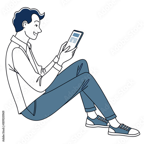 A person sitting on the floor reading a book while using a tablet Vector