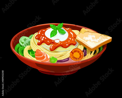 Italian spaghetti bowl with meatballs tomato sauce and fresh herbs on black - Vector Illustration