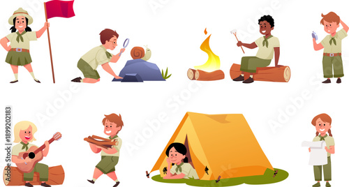Scout children camp in nature vector set, camping scenes isolated on white, tent and campfire, playing guitar, exploring