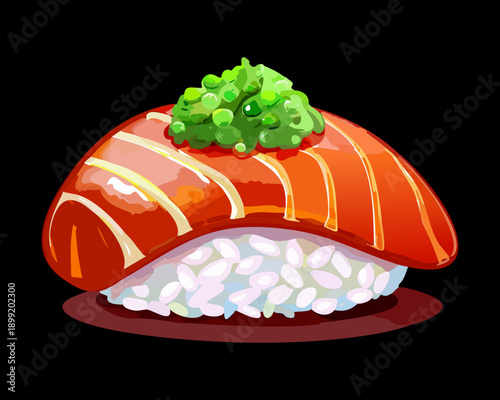 Fresh salmon sushi nigiri with green herb topping served on a dark plate - Vector Illustration