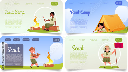 Scout camp landing page, banner flat vector set, children scouts resting near the camping tent and picnic with campfire