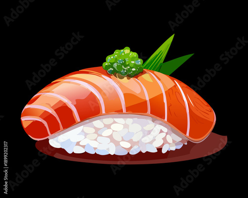 Salmon nigiri sushi topped with green herb garnish served on a black surface - Vector Illustration