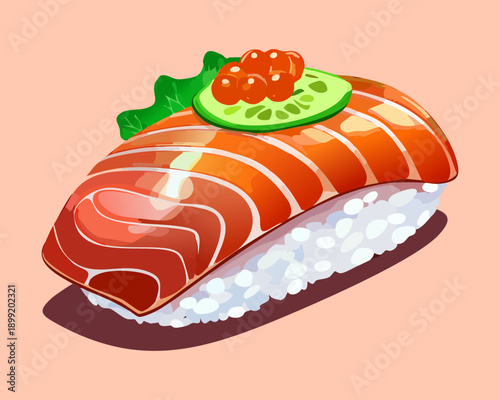 Fresh salmon sushi roll topped with cucumber and red caviar on a plate - Vector Illustration