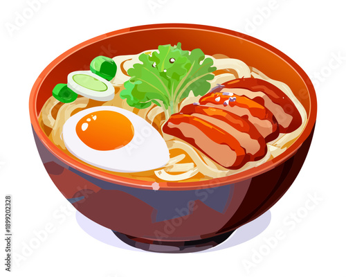 Asian style ramen noodle bowl with boiled egg meat slices and fresh scallions - Vector Illustration