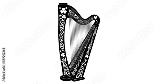 An ornate harp illustration standing alone on a plain background from a frontal viewpoint