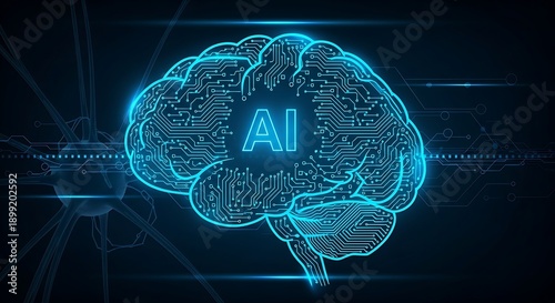 Glowing artificial intelligence brain hologram with digital circuitry representing machine learning, data intelligence and futuristic technology visualization
