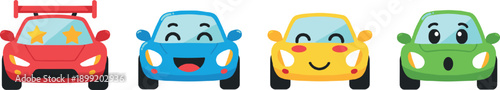 Cute cartoon car characters set with smiling colorful vehicles front view illustration
