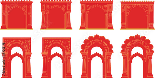 Ornate Red Indian and Mughal Arch Vector Set with Traditional Decorative Gateway Designs
